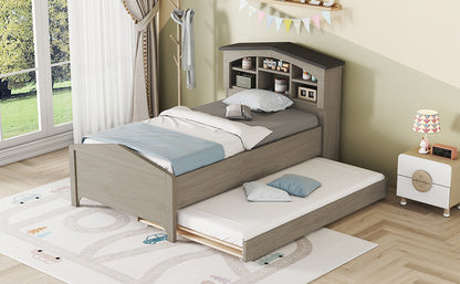 House-shaped Bed with Storage Headboard and Trundle, Gray