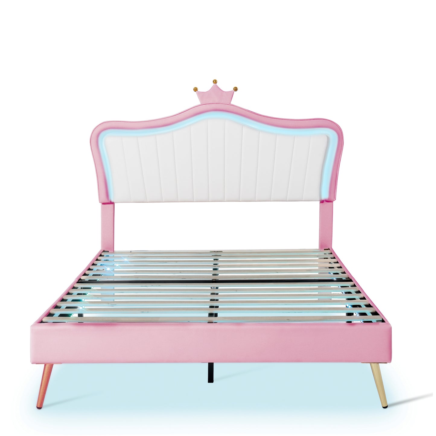 modern upholstered princess bed with crown headboard and led lights, white+pink