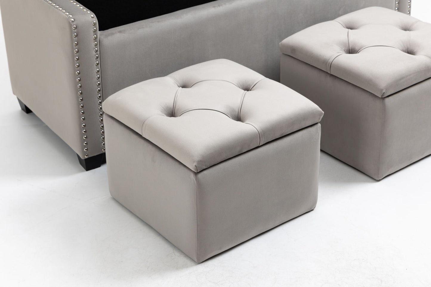 set of 3 47.5" wide upholstered storage ottoman with tufted top and solid wood legs gray