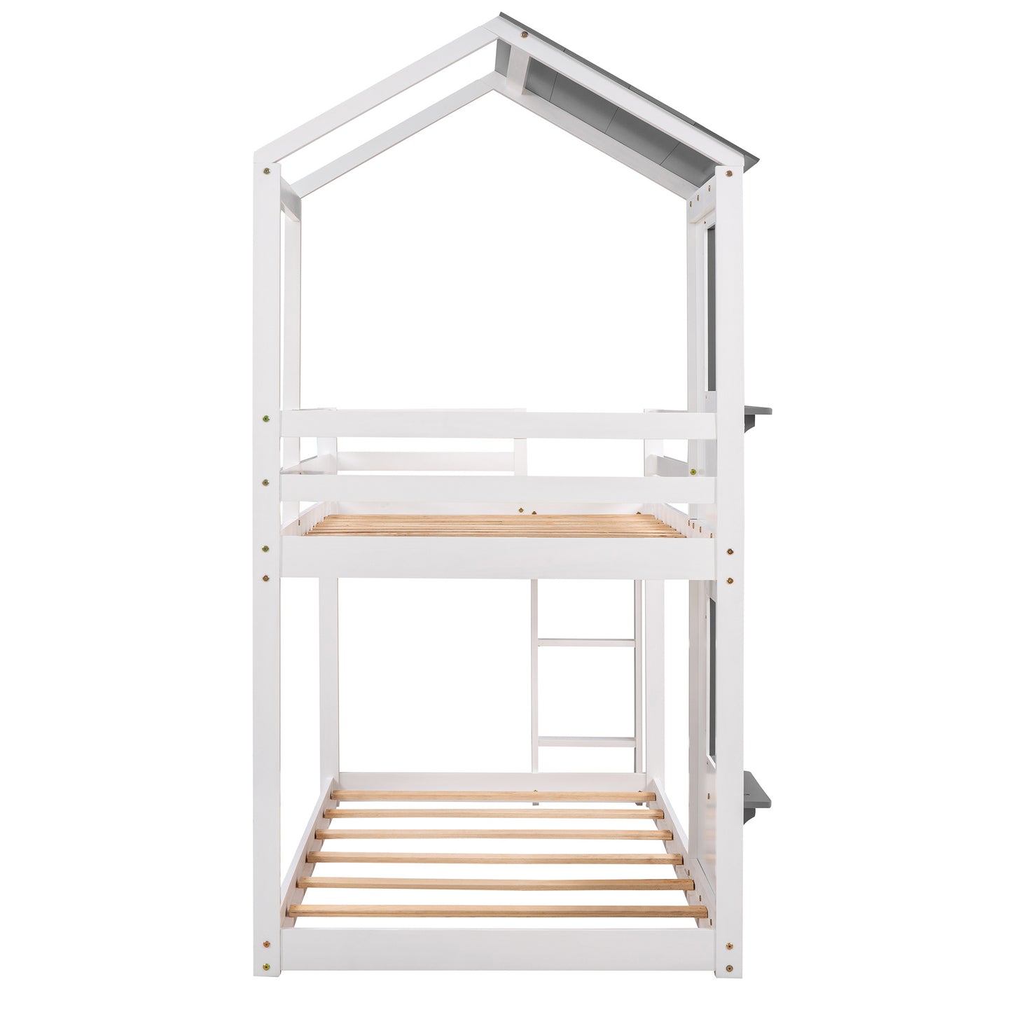 twin over twin bunk bed wood bed with roof, window, guardrail, and ladder