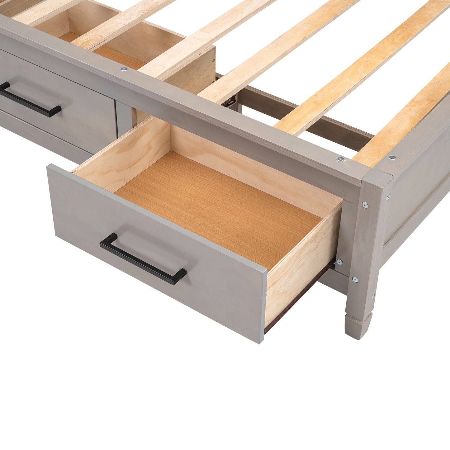 twin size lounge daybed with storage shelves, cork board, usb ports and 3 drawers, antique gray