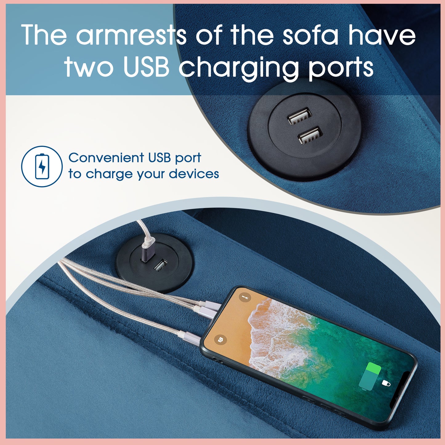 modern l shape sectional sofa with usb charging port, navy