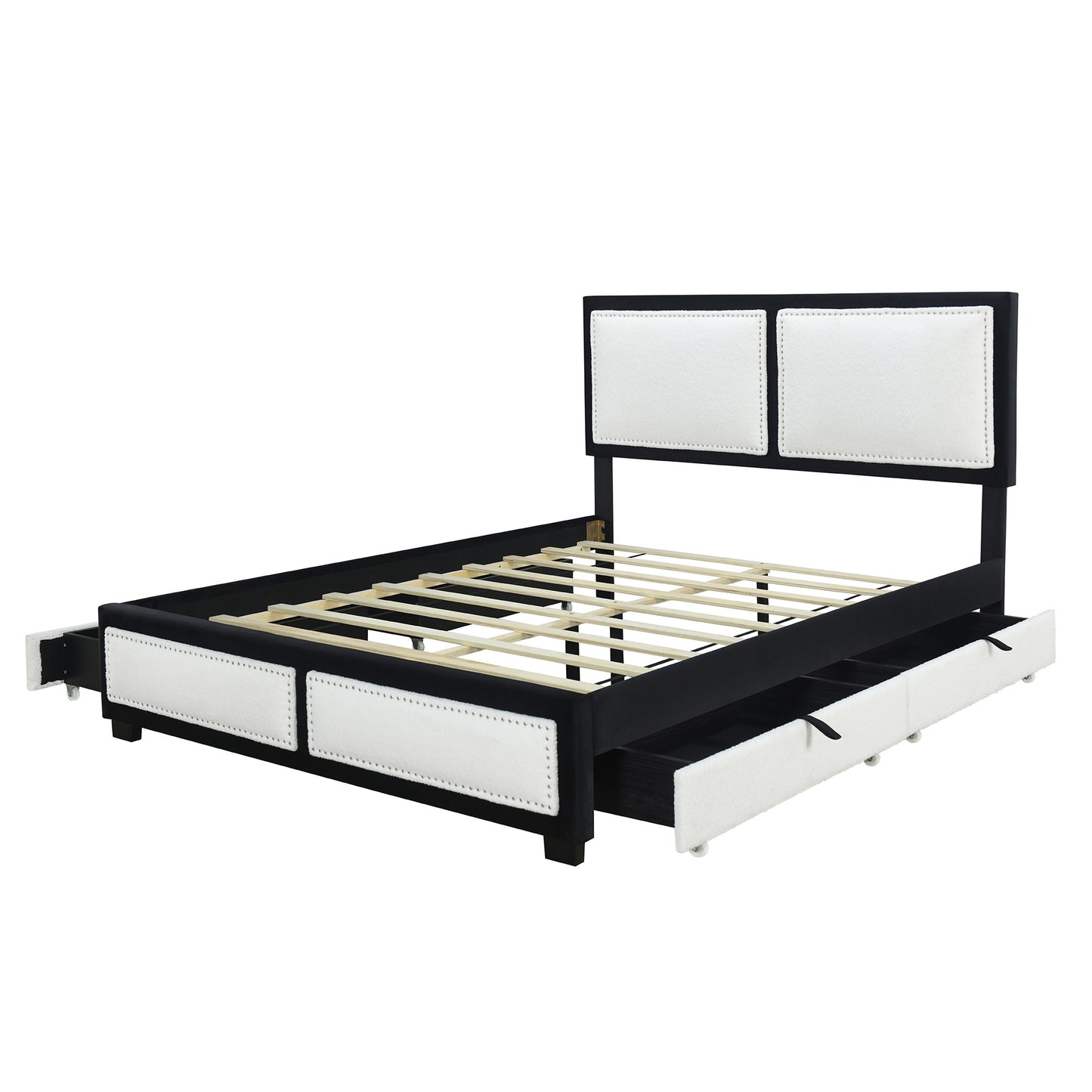 teddy upholstered platform bed with large rivet-decorated backrests and 4 drawers, velvet black+white