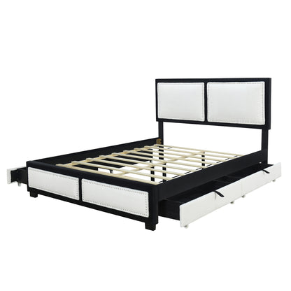 Teddy Upholstered Platform Bed with Large Rivet-decorated Backrests and 4 Drawers, Velvet Black+White