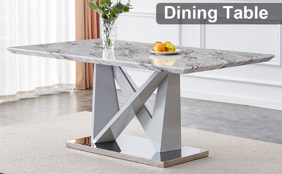 mdf faux marble dining table with white double v-shaped support