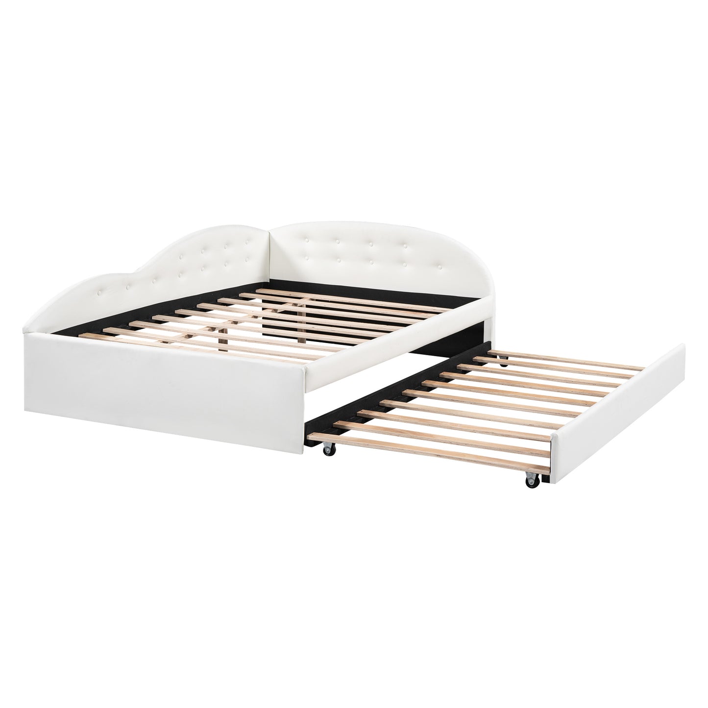 pu upholstered tufted daybed with trundle and cloud shaped guardrail, white