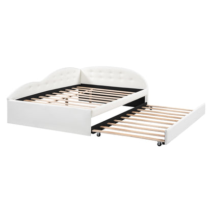 PU Upholstered Tufted Daybed with Trundle and Cloud Shaped Guardrail, White
