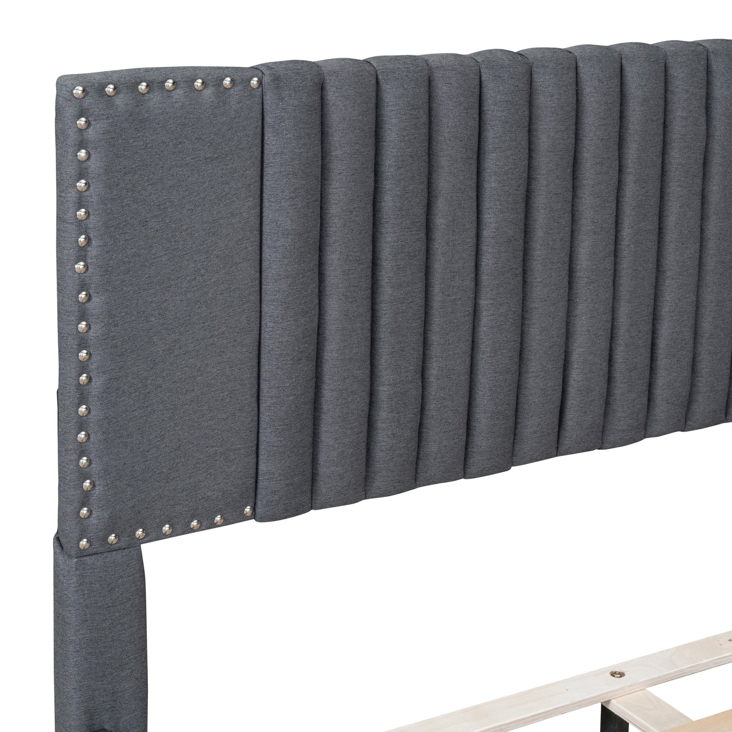 upholstered platform bed with classic headboard and 4 drawers, gray