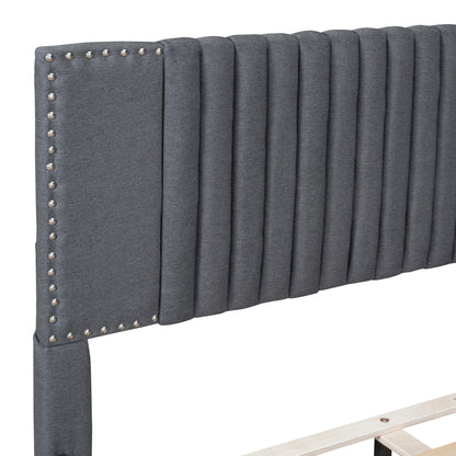 Upholstered Platform Bed with Classic Headboard and 4 Drawers, Gray