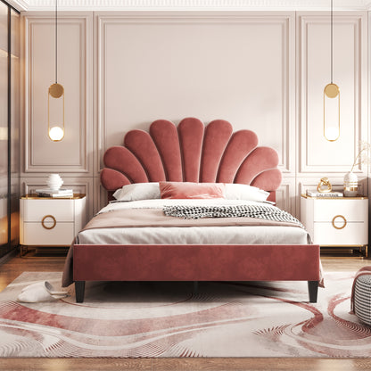 Upholstered Bed with Flower Pattern Velvet Headboard,