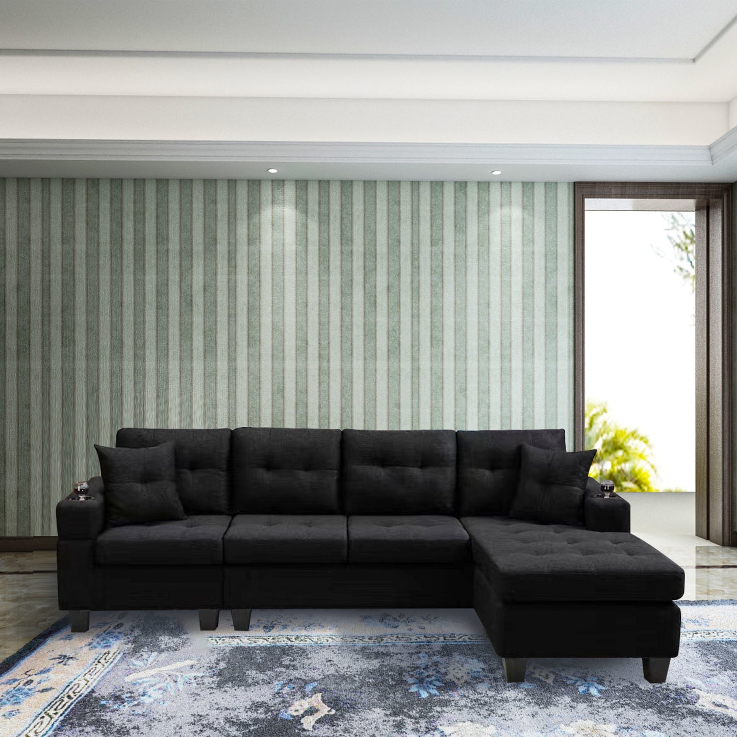 right sectional sofa with footrest, black