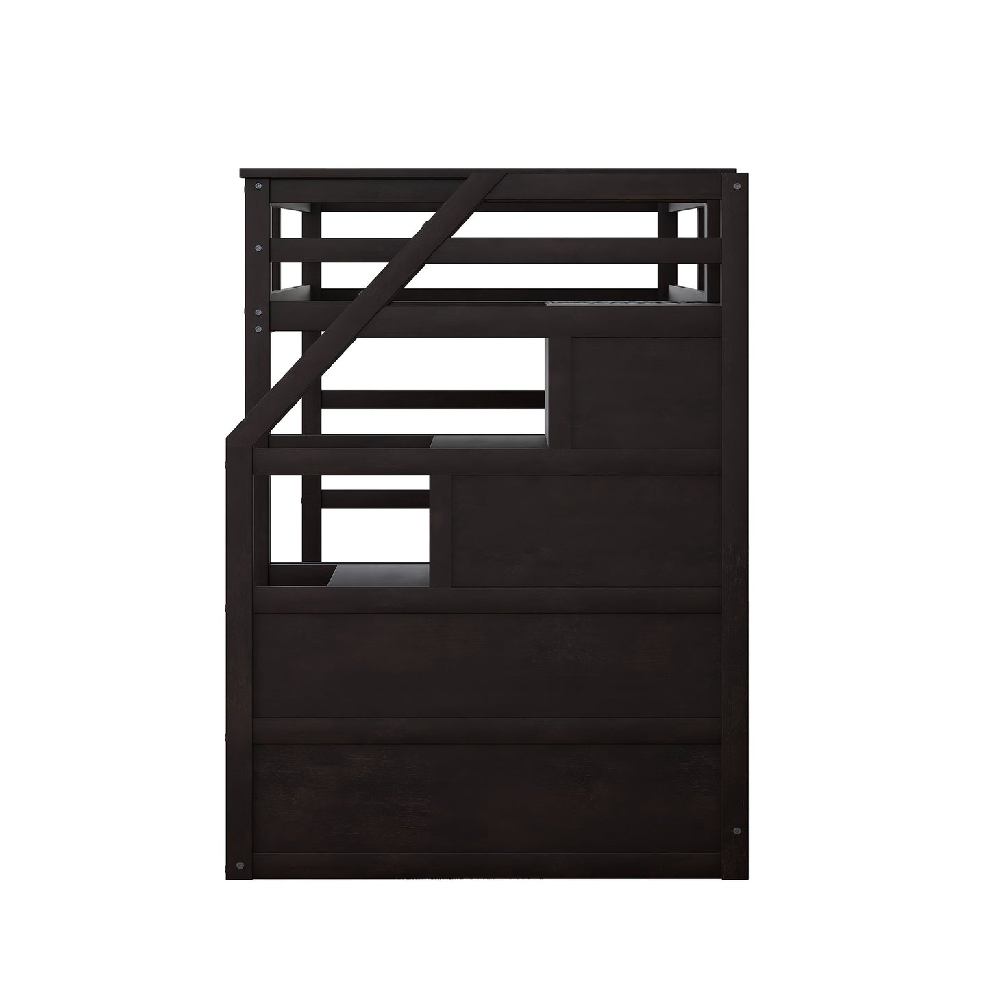 twin-over-twin bunk bed with twin size trundle and 3 storage stairs, espresso