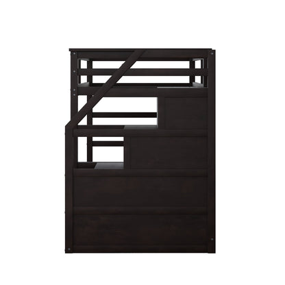 Twin-Over-Twin Bunk Bed with Twin Size Trundle and 3 Storage Stairs, Espresso
