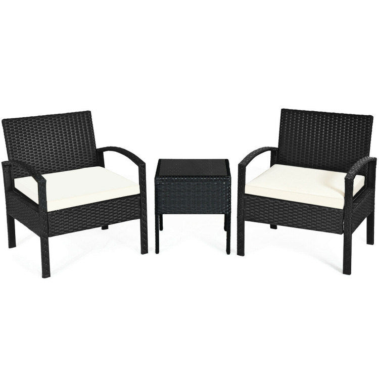3 pieces outdoor rattan patio conversation set with seat cushions