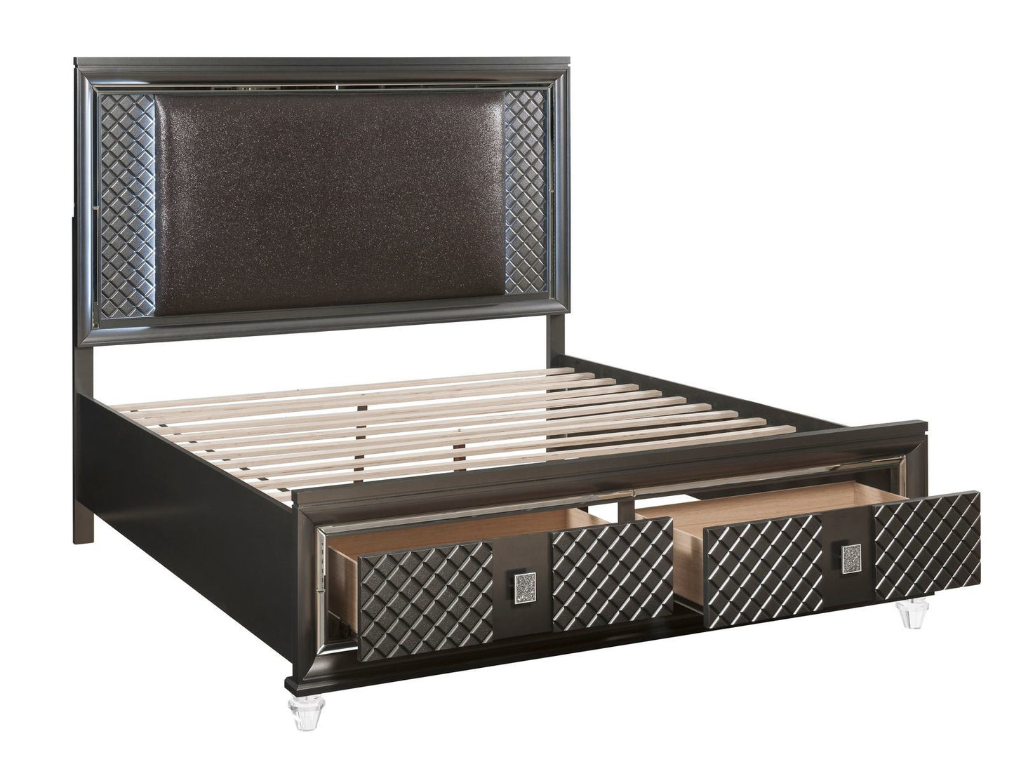 acme sawyer queen bed, pu & metallic gray