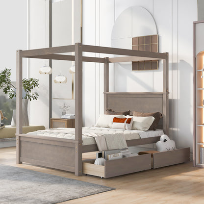 Wood Canopy Bed with two Drawers, Light Brown