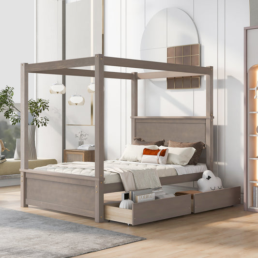 Wood Canopy Bed with two Drawers, Light Brown