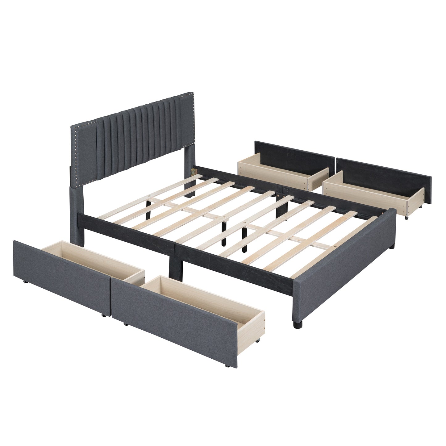 upholstered platform bed with classic headboard and 4 drawers, gray