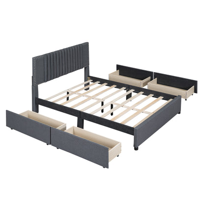 Upholstered Platform Bed with Classic Headboard and 4 Drawers, Gray