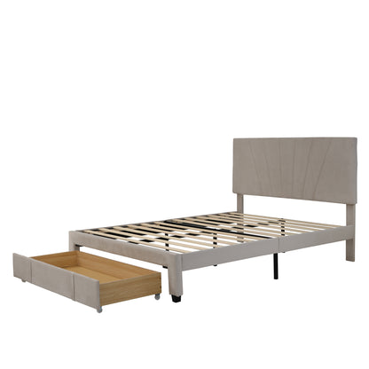 Queen Size Storage Bed Velvet Upholstered Platform Bed with a Big Drawer