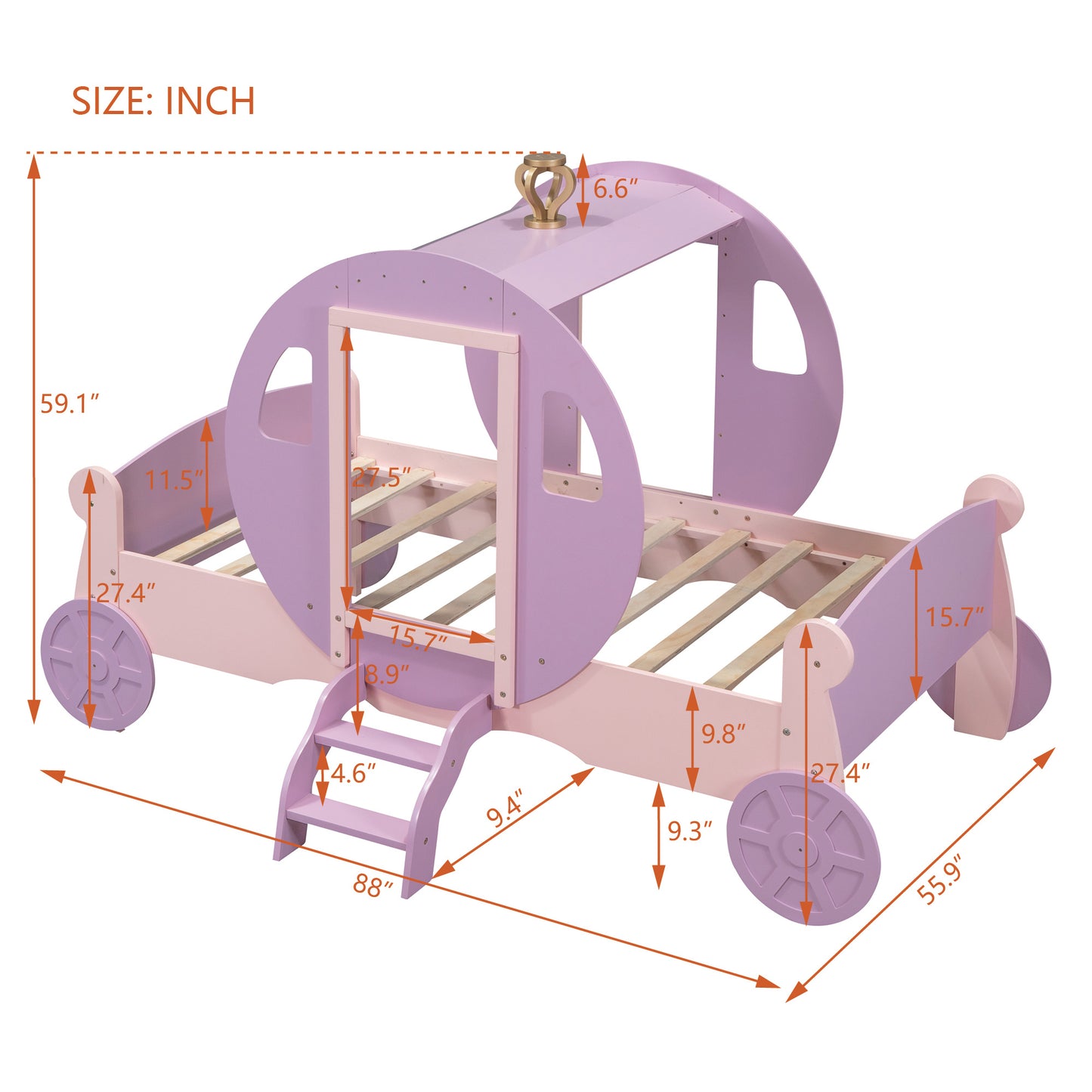 princess carriage bed with crown, purple+pink