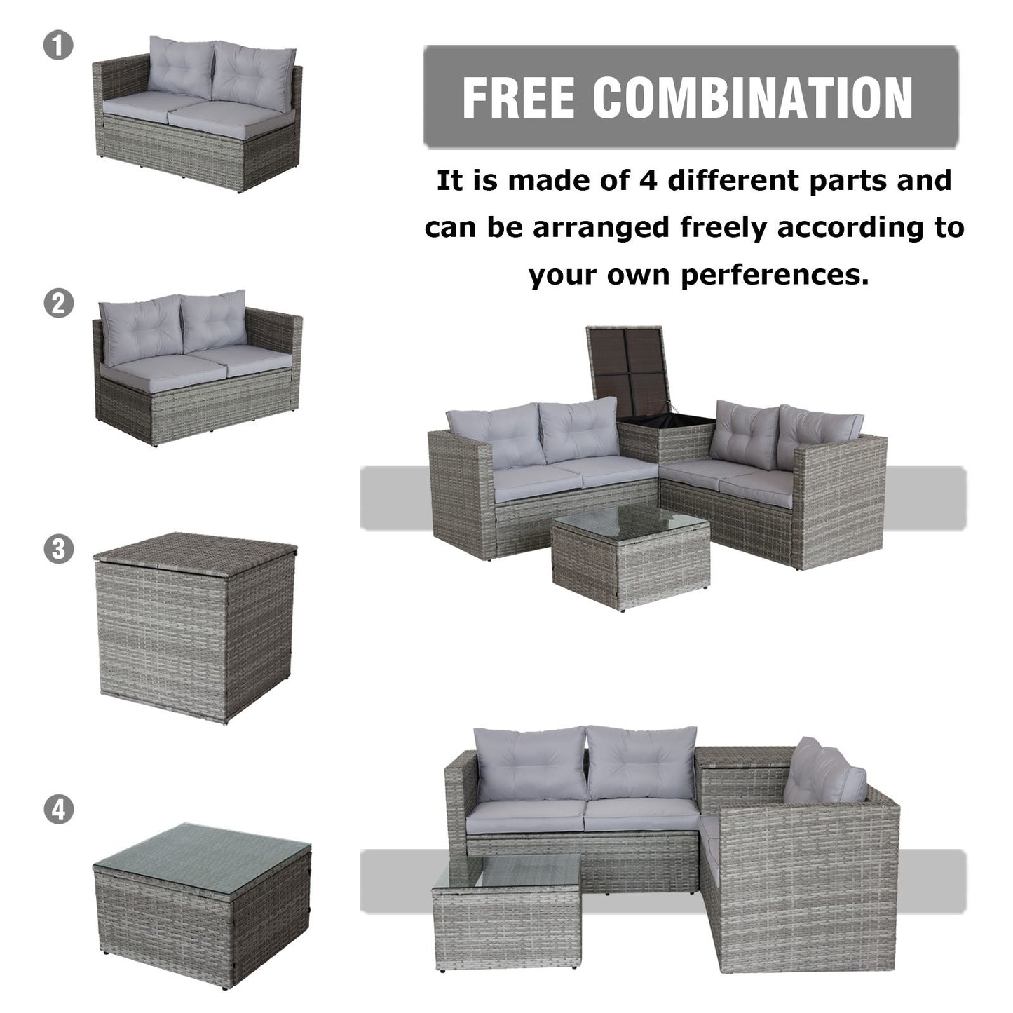 4 piece patio sectional wicker rattan outdoor furniture sofa set with storage box grey