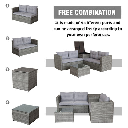 4 Piece Patio Sectional Wicker Rattan Outdoor Furniture Sofa Set with Storage Box Grey