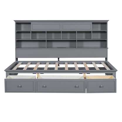 Wood Bed with Multi-Storage Shelves, Charging Station and 3 Drawers, Gray