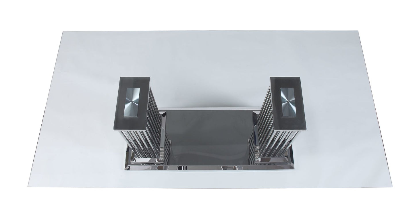 acme cyrene dining table in stainless steel & clear glass