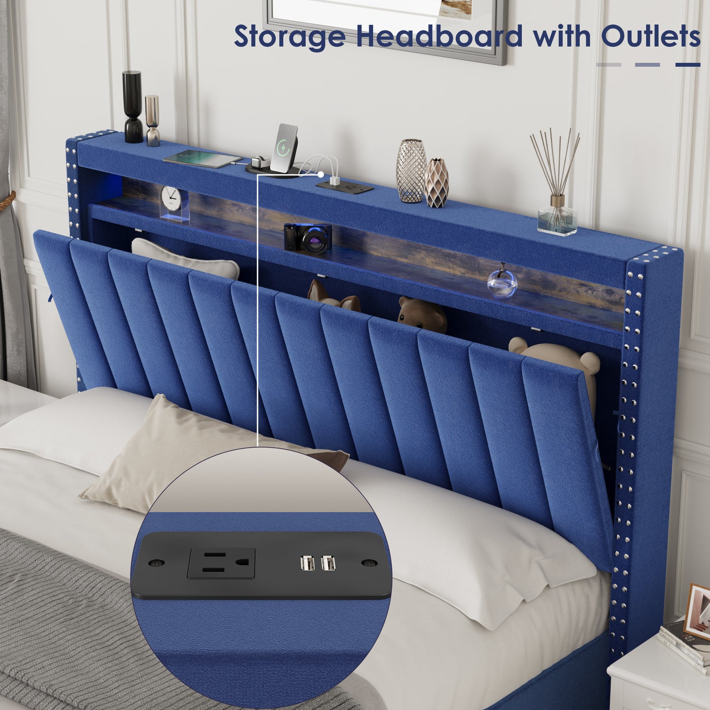 luxury gas lift storage bed with rf led lights, storage headboard ,velvet blue