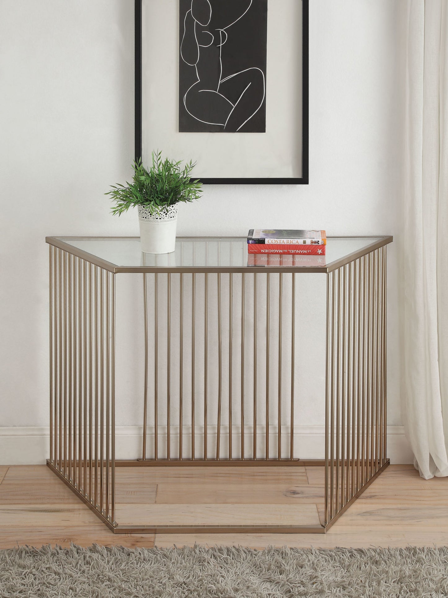 acme oaklie sofa table in champagne & clear glass