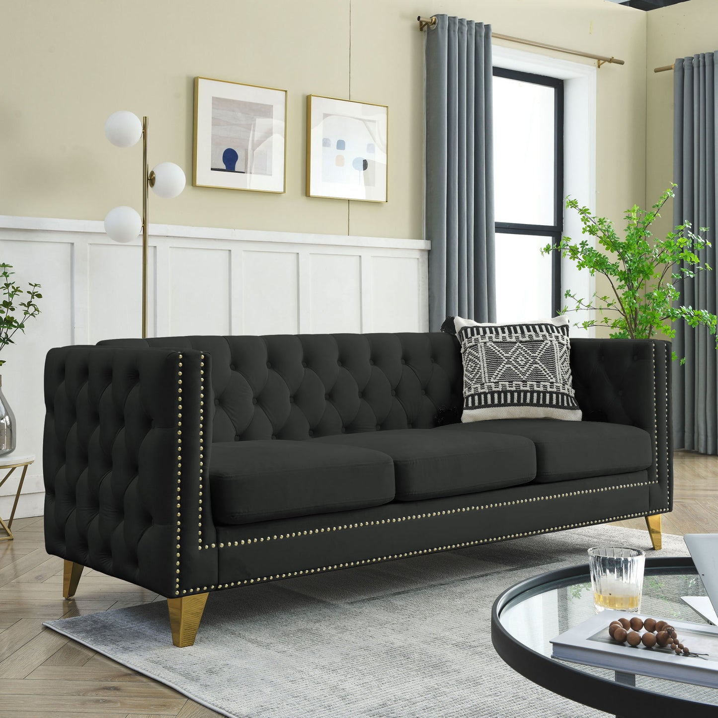 kate velvet upholstered sofa, black velvet