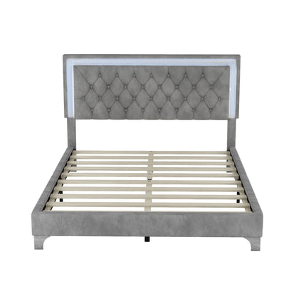 3-Pieces Upholstered Platform Bed with LED Lights and Two Nightstands-Gray