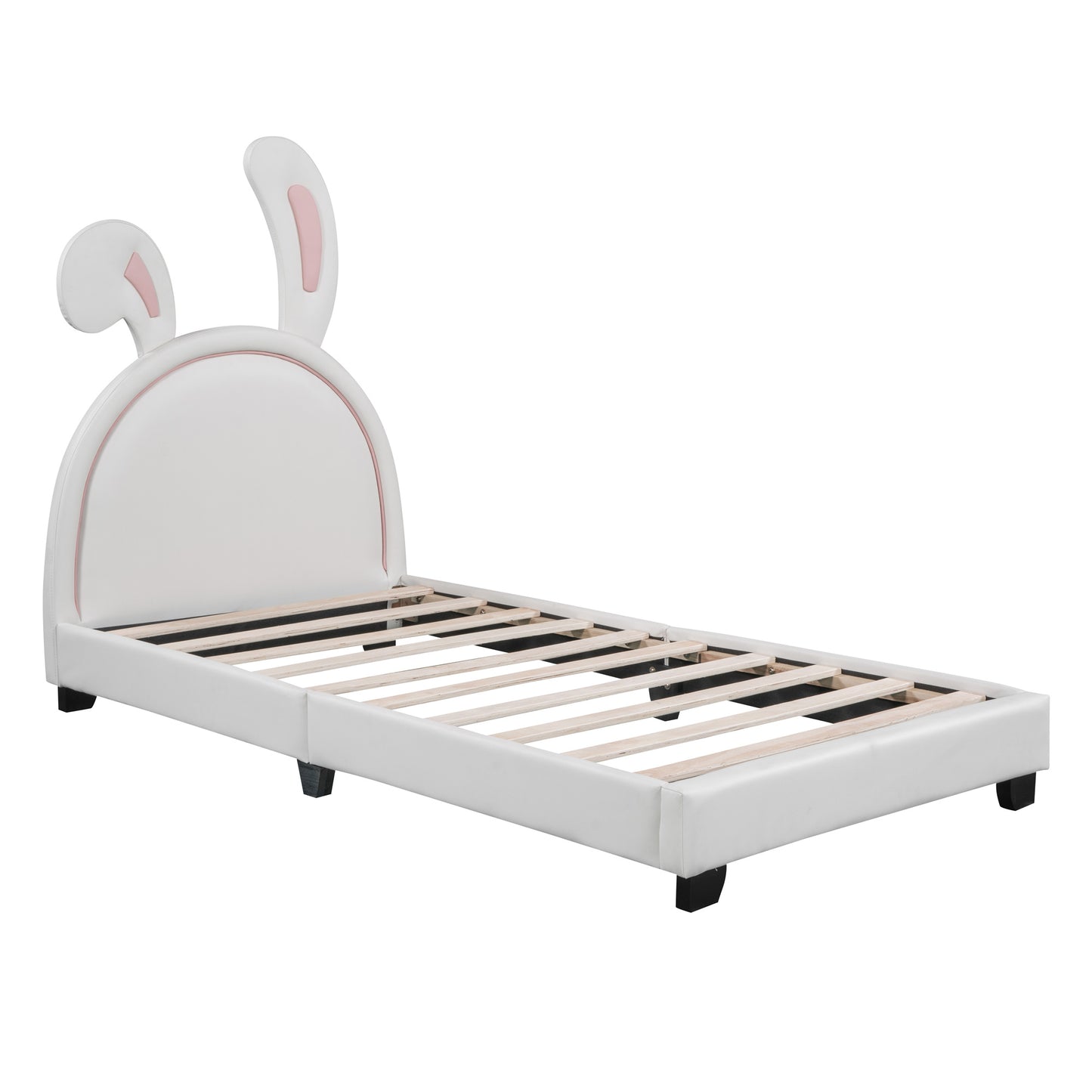 twin size upholstered leather platform bed with rabbit ornament, white