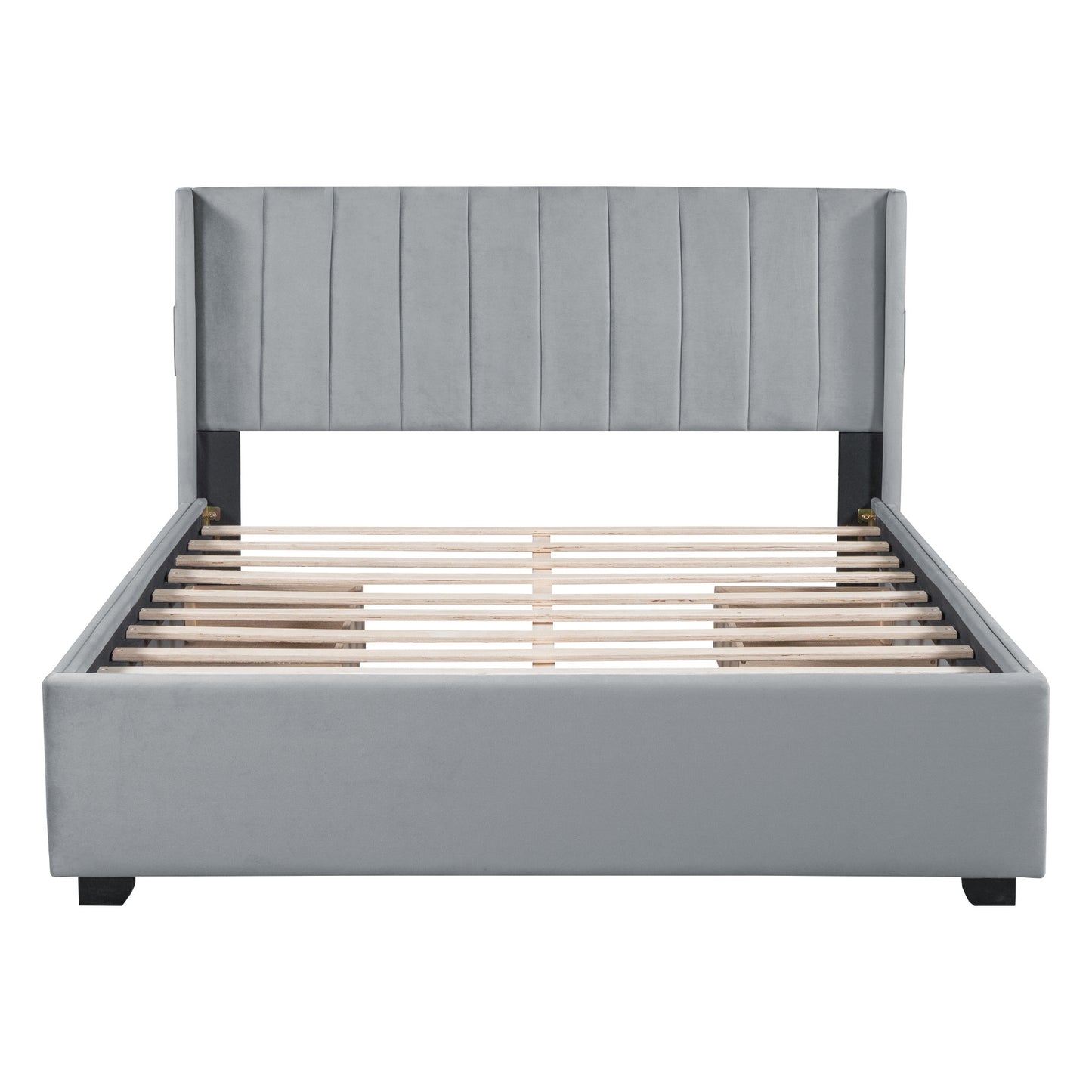 queen size upholstered bed with 4 drawers, gray