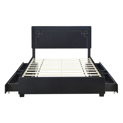 Upholstered Platform Bed with Rivet-decorated Headboard, LED bed frame and 4 Drawers, Black