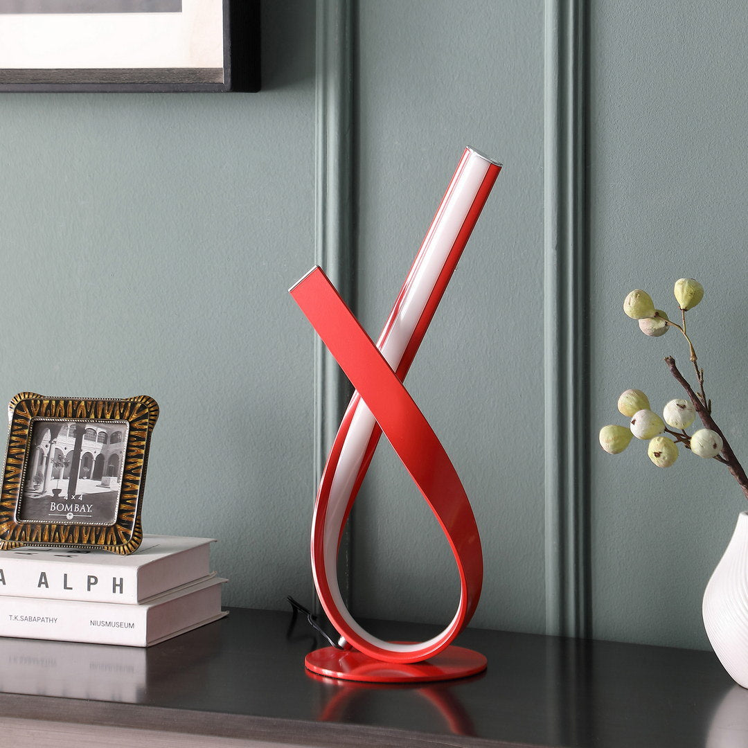 17" in abstract upright ribbon bow led red metal table lamp