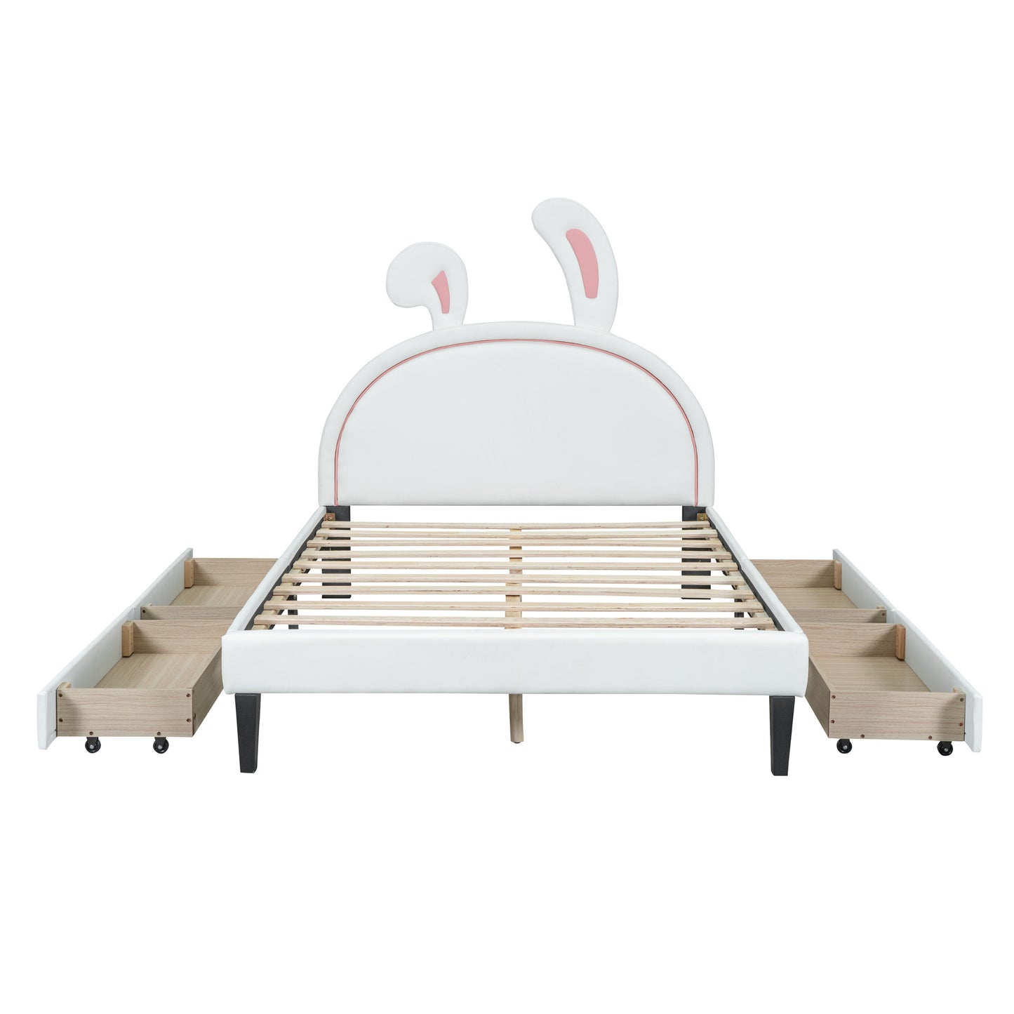 upholstered leather  bed with rabbit ornament and 4 drawers, white