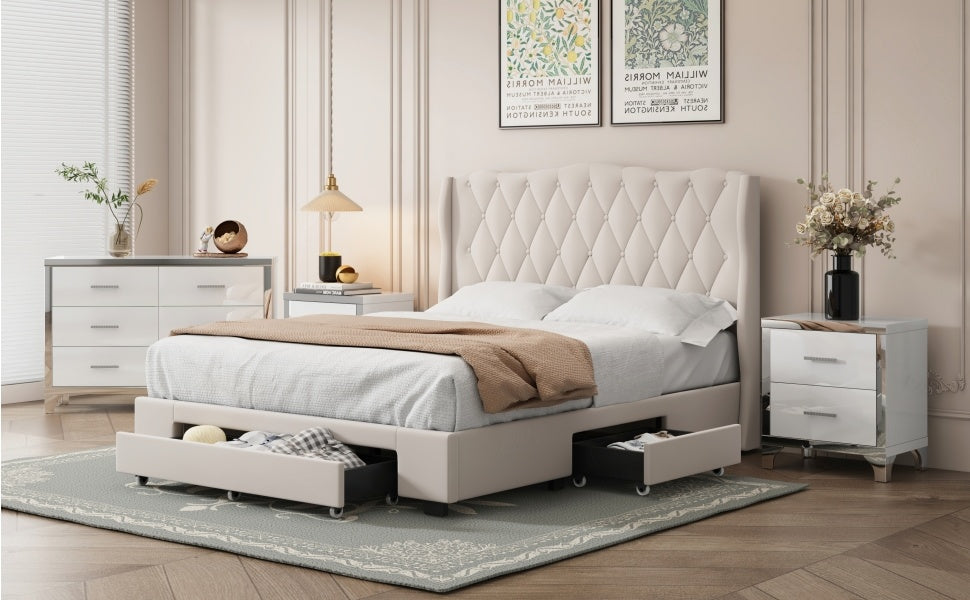 emily upholstered platform bed with tufted headboard and 3 drawers,beige