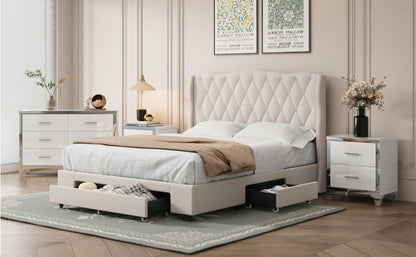 Emily Upholstered Platform Bed with Tufted Headboard and 3 Drawers,Beige