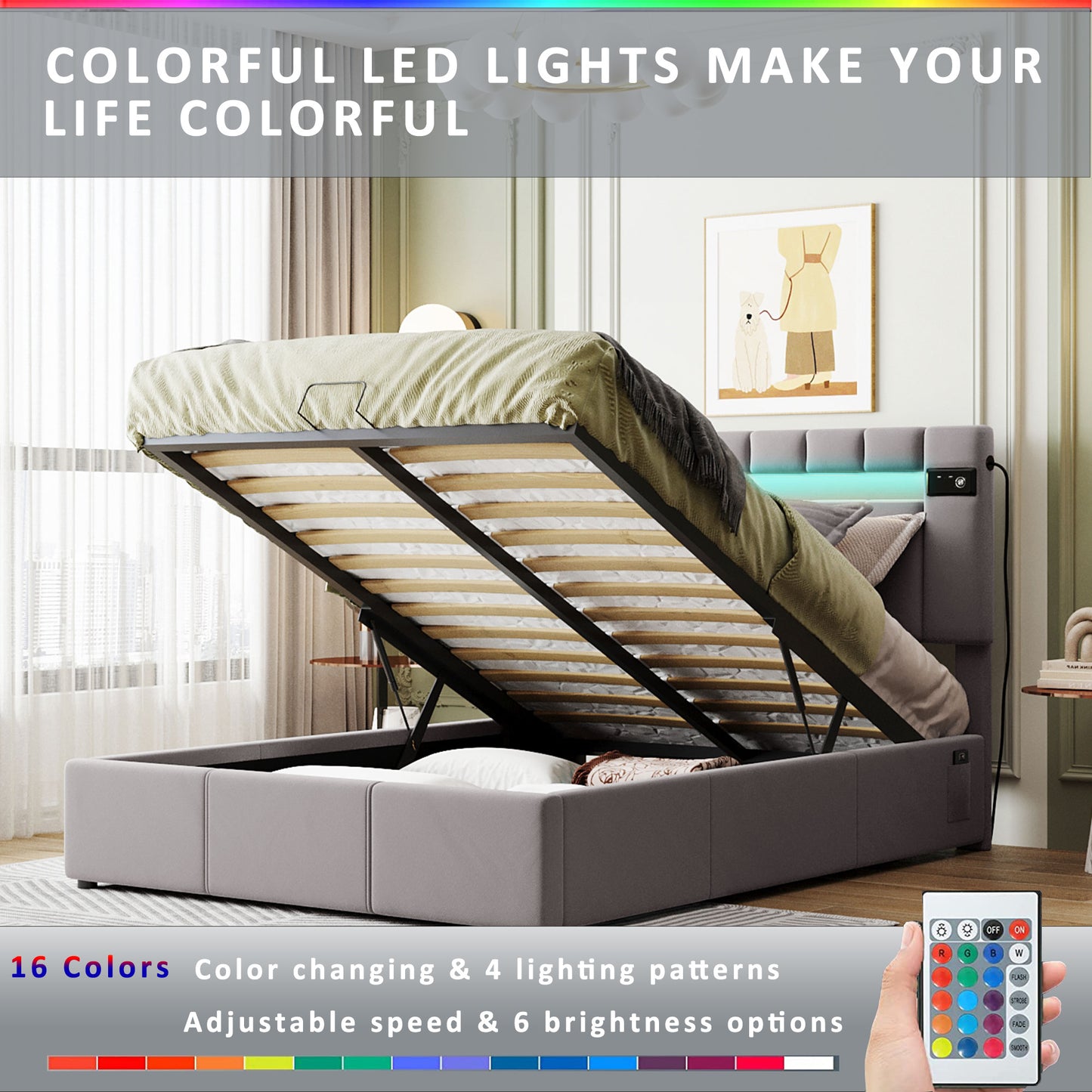 velvet upholstered hydraulic storage bed with led light, bluetooth player, and usb charging