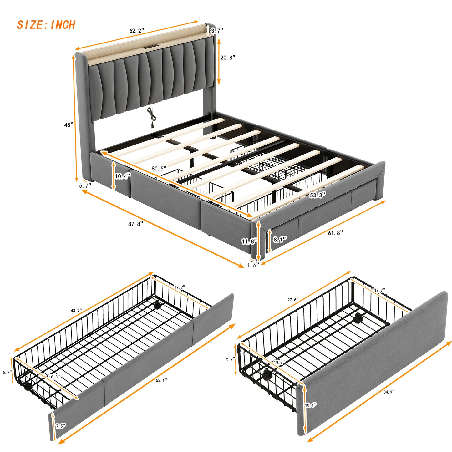queen size bed frame with storage headboard and charging station,dark gray