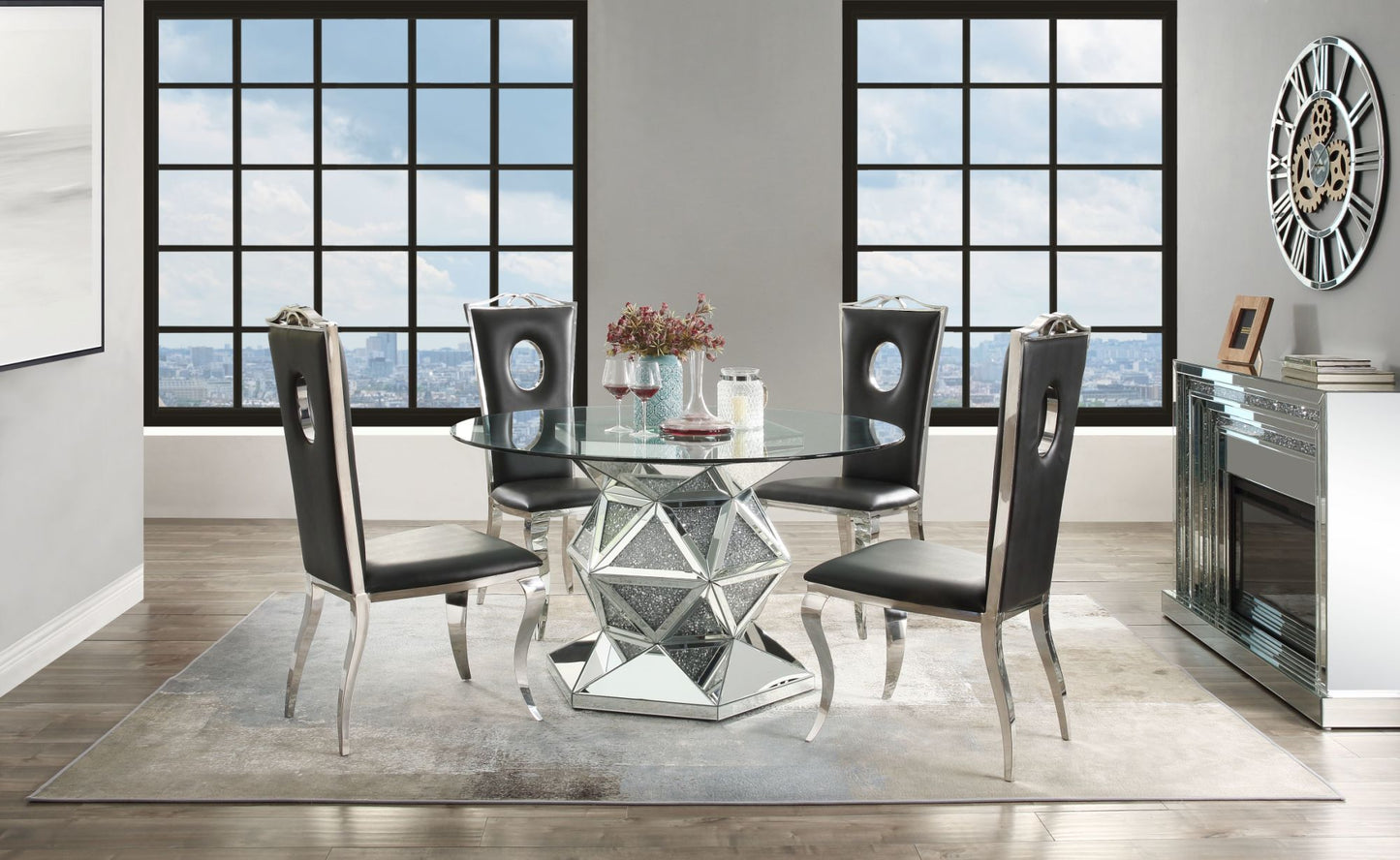 acme noralie dining table, mirrored & faux diamonds