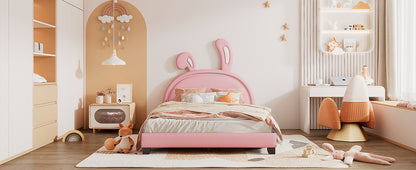 Upholstered Leather Platform Bed with Rabbit Ornament, Pink
