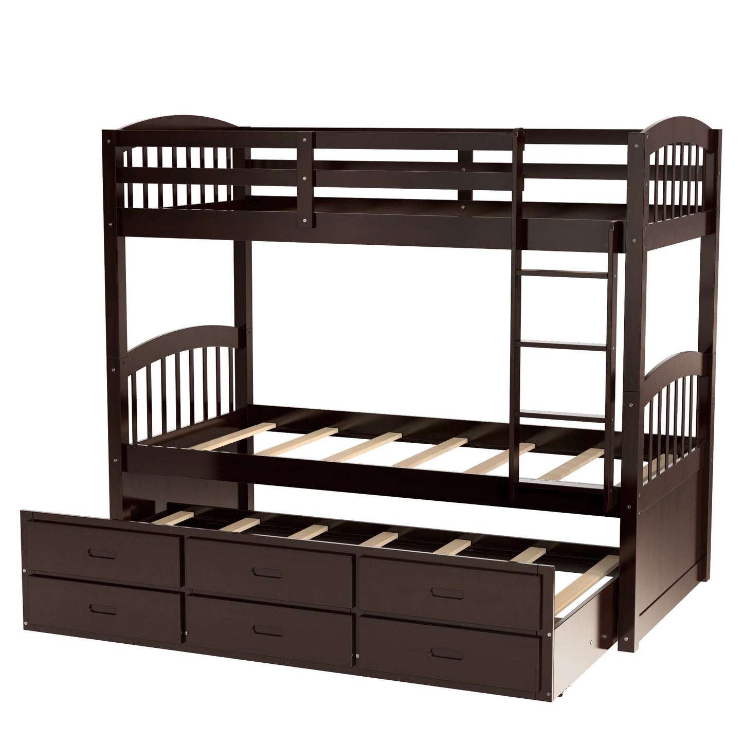 twin over twin wood bunk bed with trundle and drawers,white
