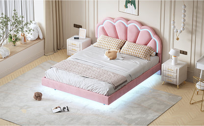 Floating Velvet Elegant Smart LED Platform Bed