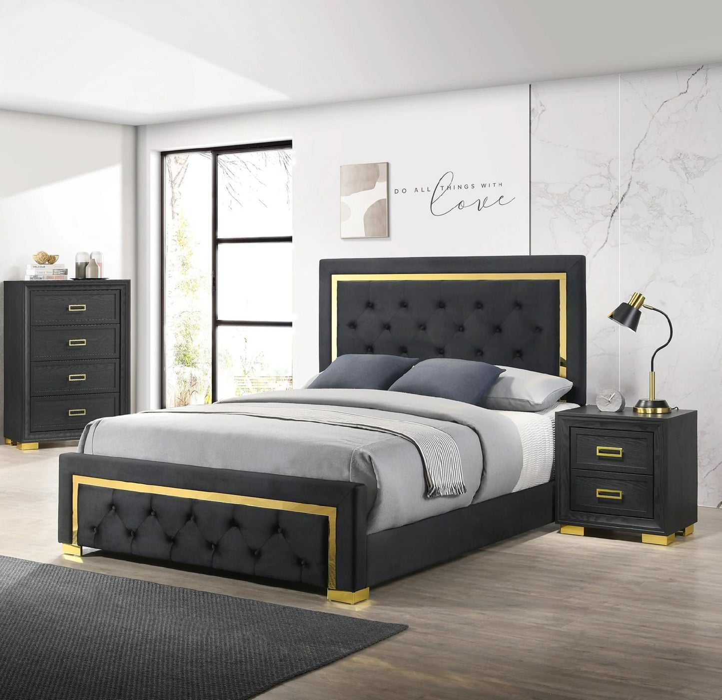 glam king black fabric upholstered bed