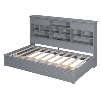 Wood Bed with Multi-Storage Shelves, Charging Station and 3 Drawers, Gray