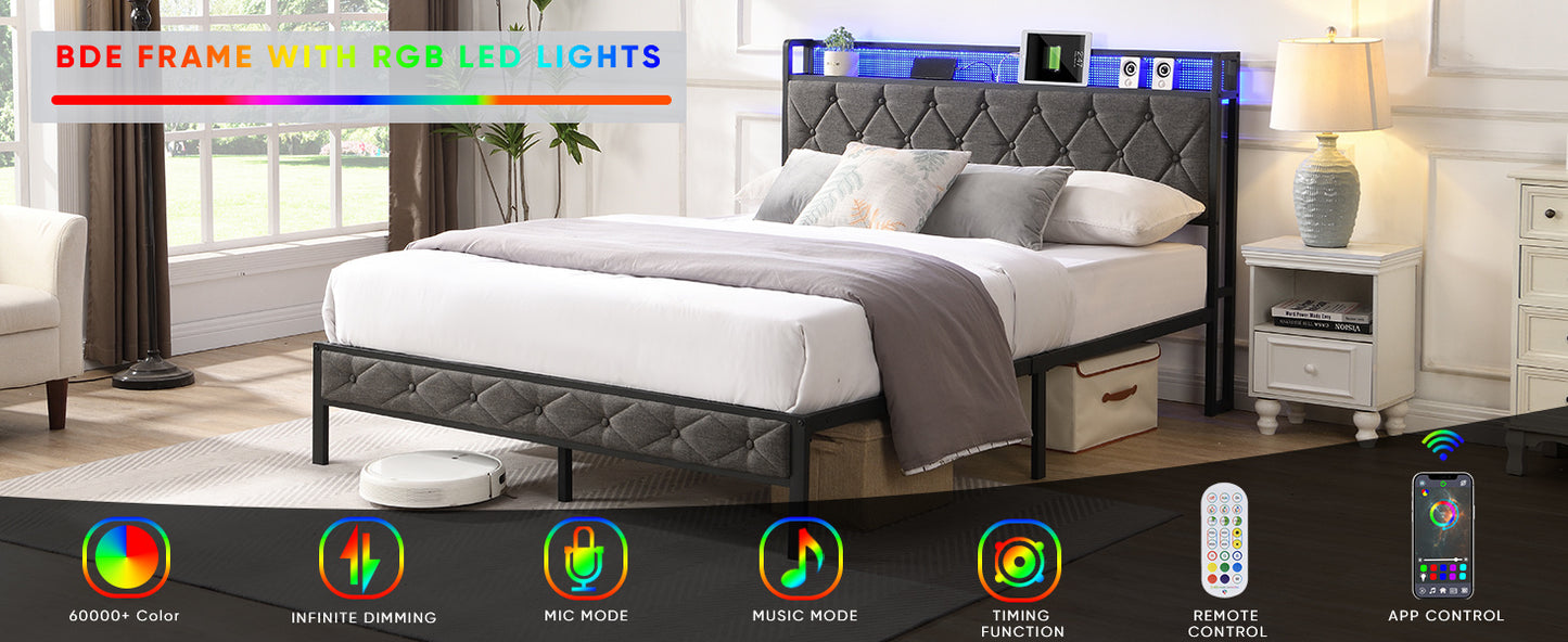 queen bed frame with storage headboard, charging station and led lights,dark gray