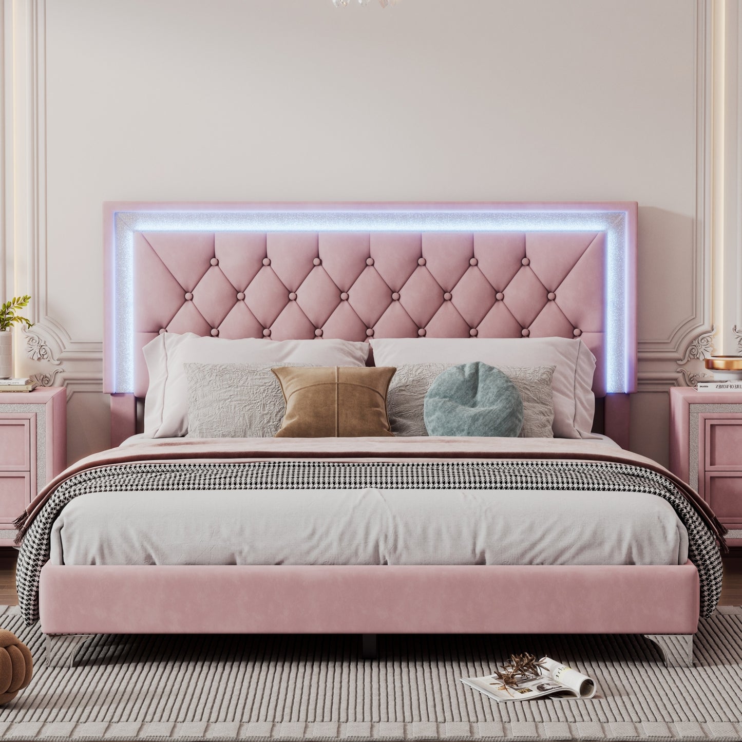 upholstered velvet bed frame with led lights, pink